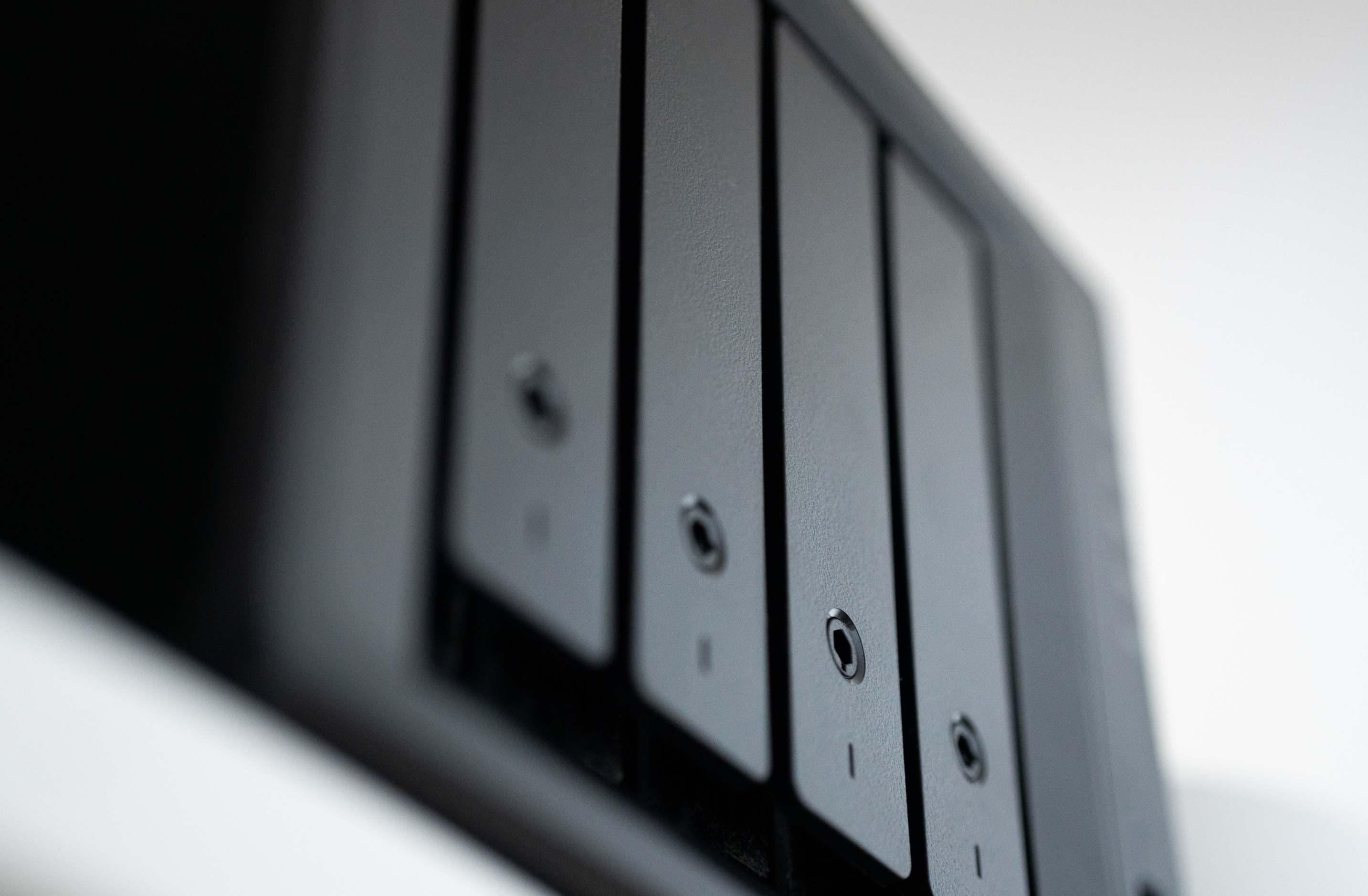 Storage hardware or server drives in a rack, detailed view of a data storage unit